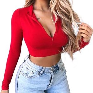DOLEMIFASO Women's Sexy Zip Up Crop Top Long Sleeve Shirt Size Small